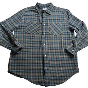 Haband Casual Joe Pearl snap plaid blue flannel shirt men’s size medium